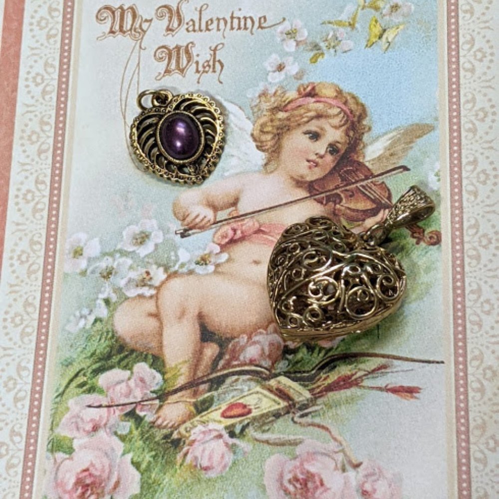 Two Vintage Heart Pendant Charms Filigree & Pearl